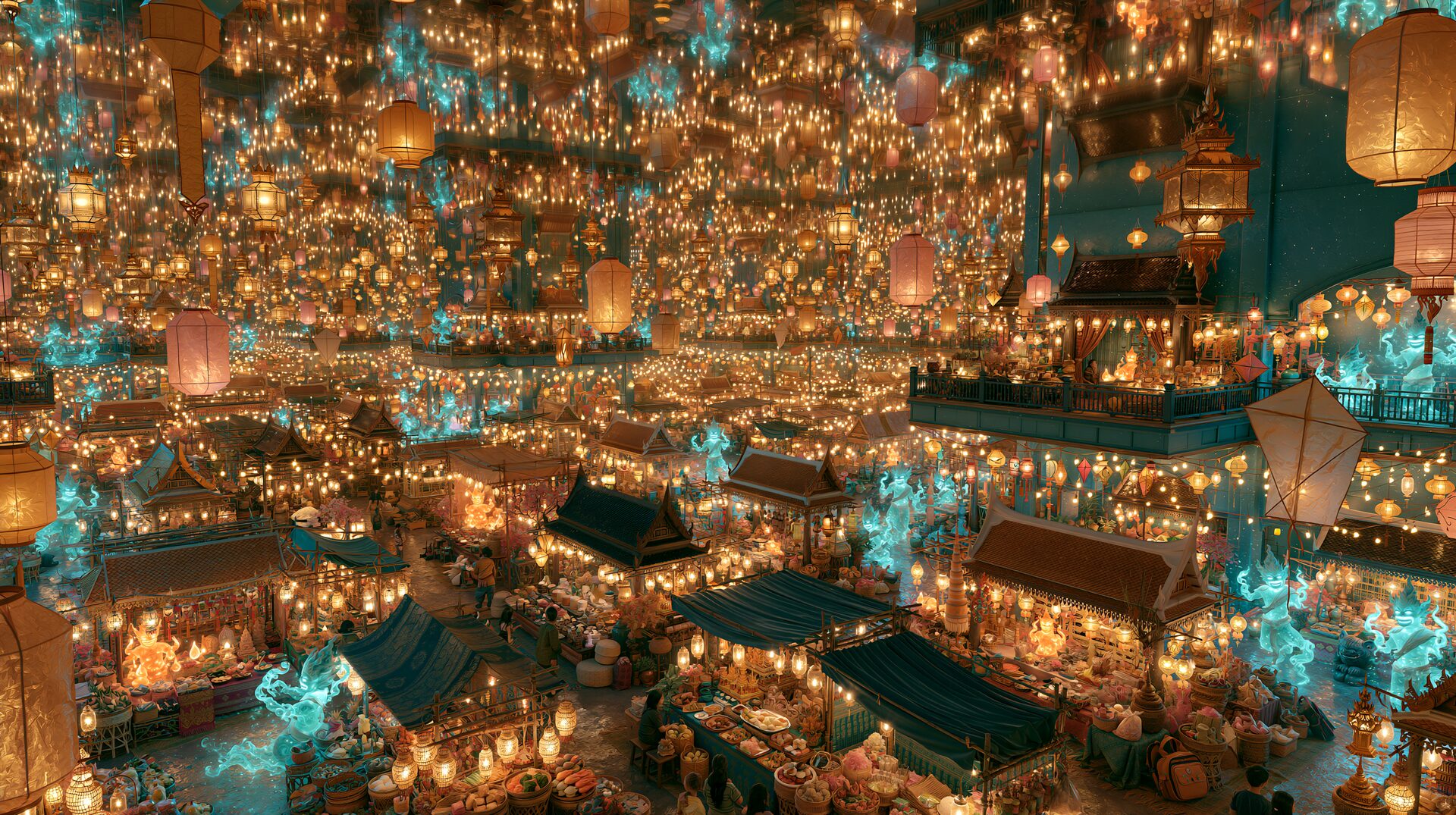 the night market of wonders, glowing with lanterns and spirits, inside 4AM Bangkok